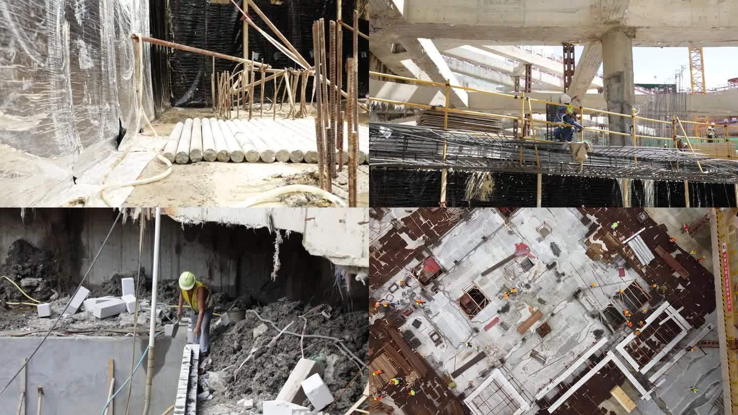 建筑工地:深基坑航拍,工人施工作业